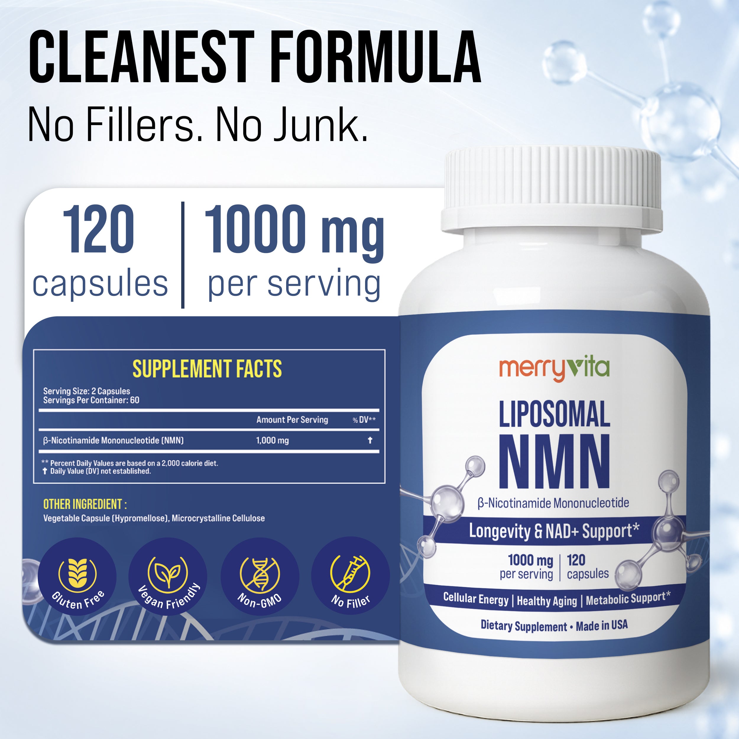 NMN Supplement 1000mg | Pure Nicotinamide Mononucleotide (NMN) | NAD+ Booster | Supports Cellular Energy, Longevity & Mitochondrial Function | 120 Capsules | Vegan, Non-GMO, Gluten Free