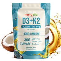 D3 K2 Vitamin 10000 IU D3 & 200 MCG K2 MK7 - Plant Based Vegan K2 D3 with Coconut Oil, non GMO - Bone, Muscle & Immune Support - 300 Softgels