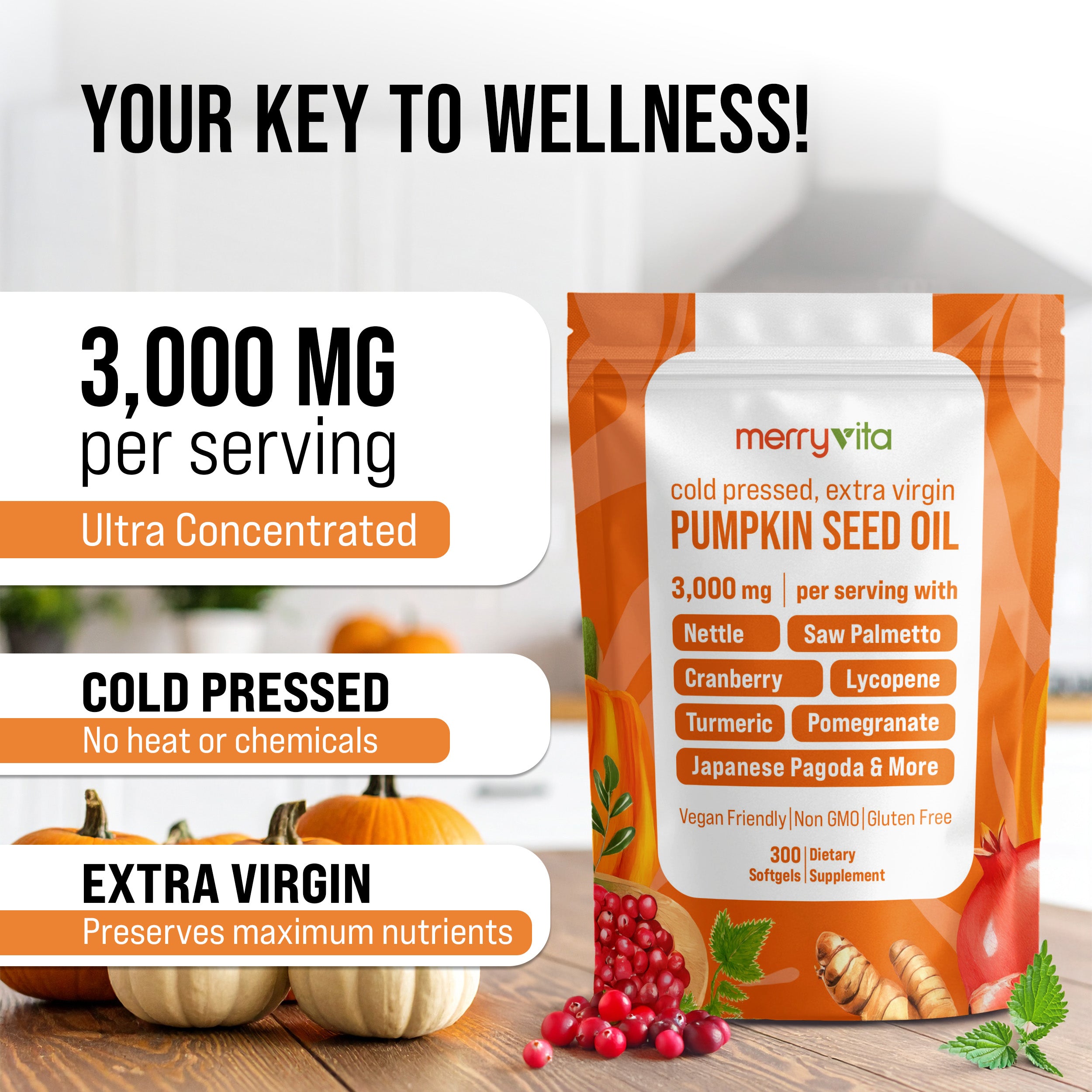 MERRYVITA Pumpkin Seed Oil - Cold Pressed Extra Virgin with Saw Palmetto & Nettle - 300 Softgels