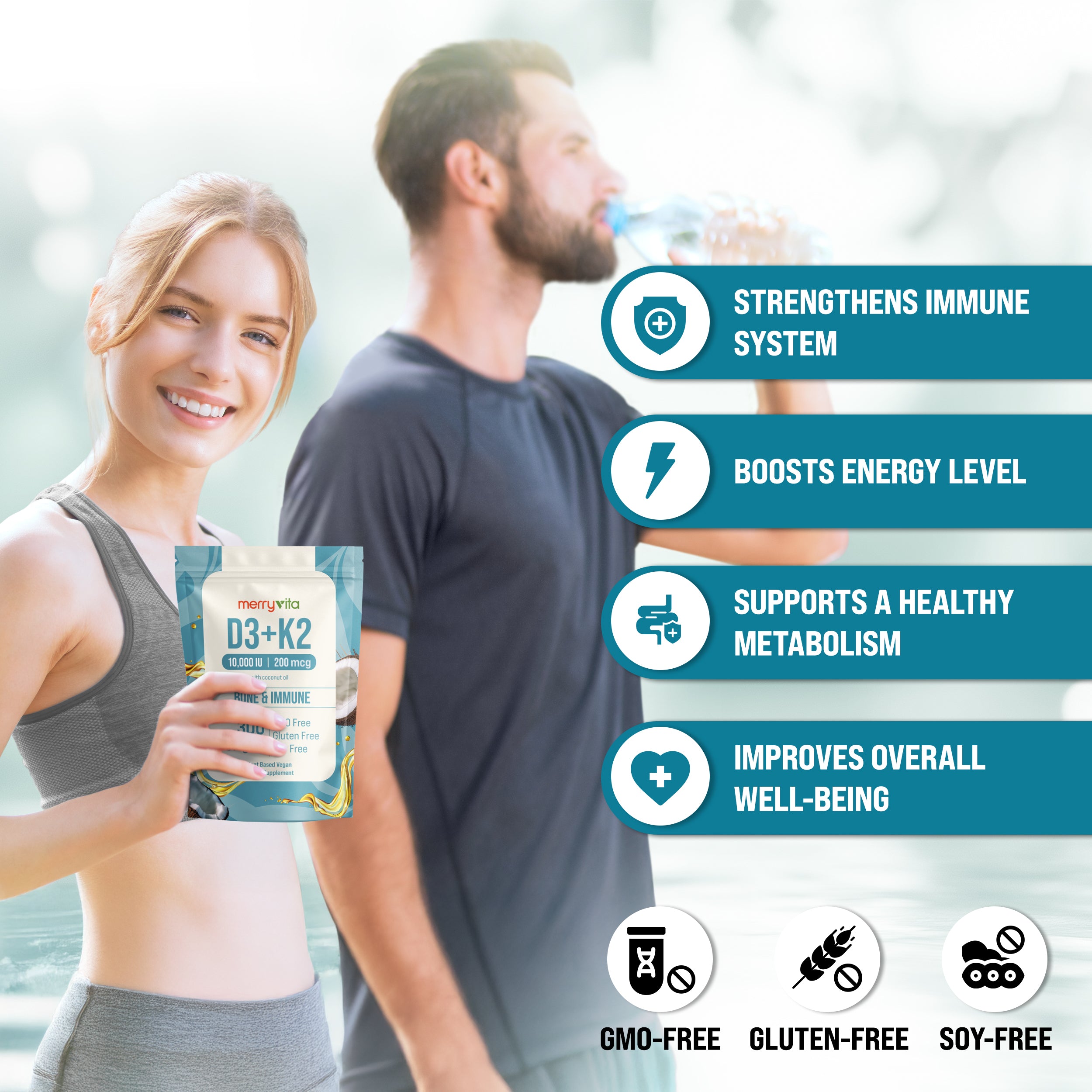 D3 K2 Vitamin 10000 IU D3 & 200 MCG K2 MK7 - Plant Based Vegan K2 D3 with Coconut Oil, non GMO - Bone, Muscle & Immune Support - 300 Softgels