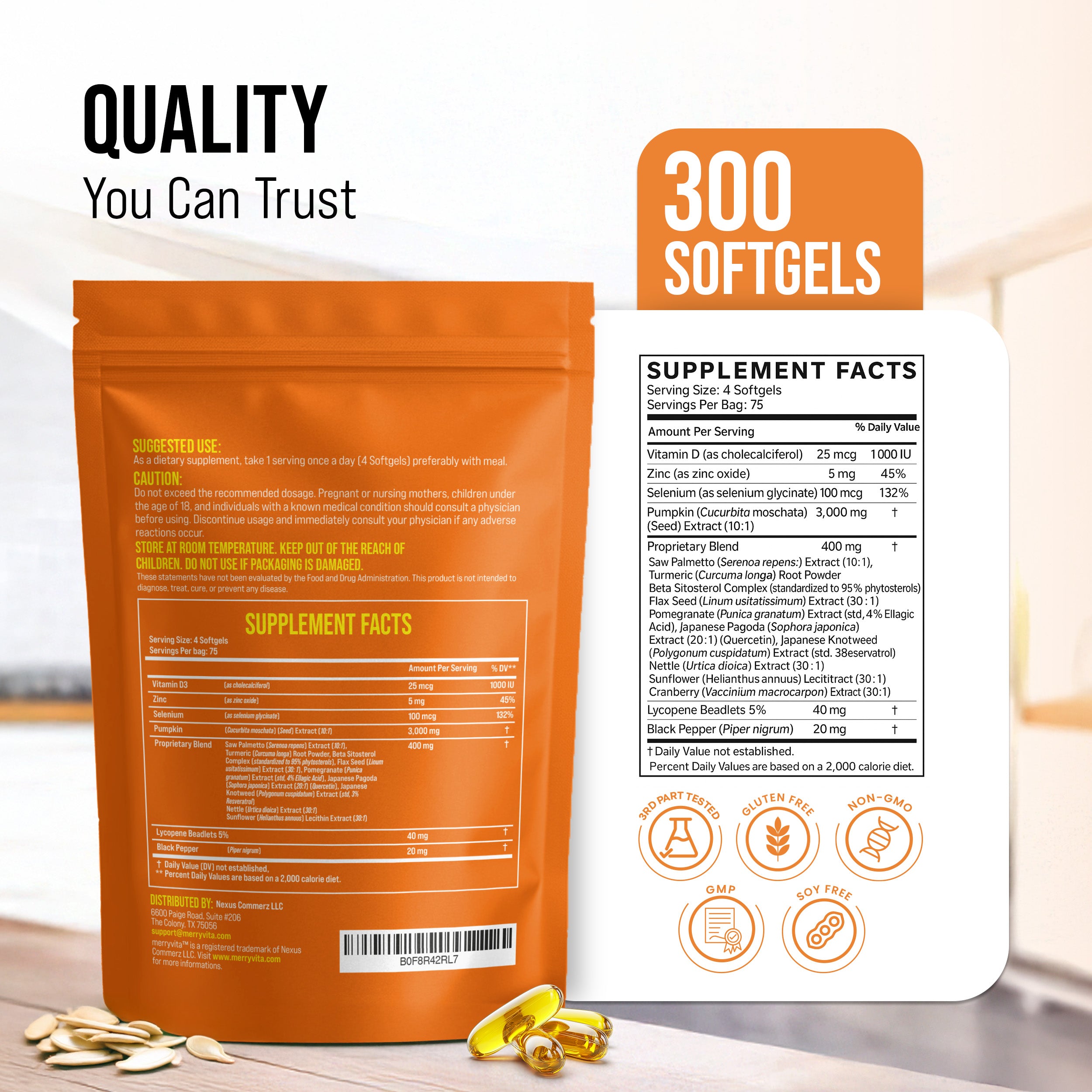 MERRYVITA Pumpkin Seed Oil - Cold Pressed Extra Virgin with Saw Palmetto & Nettle - 300 Softgels