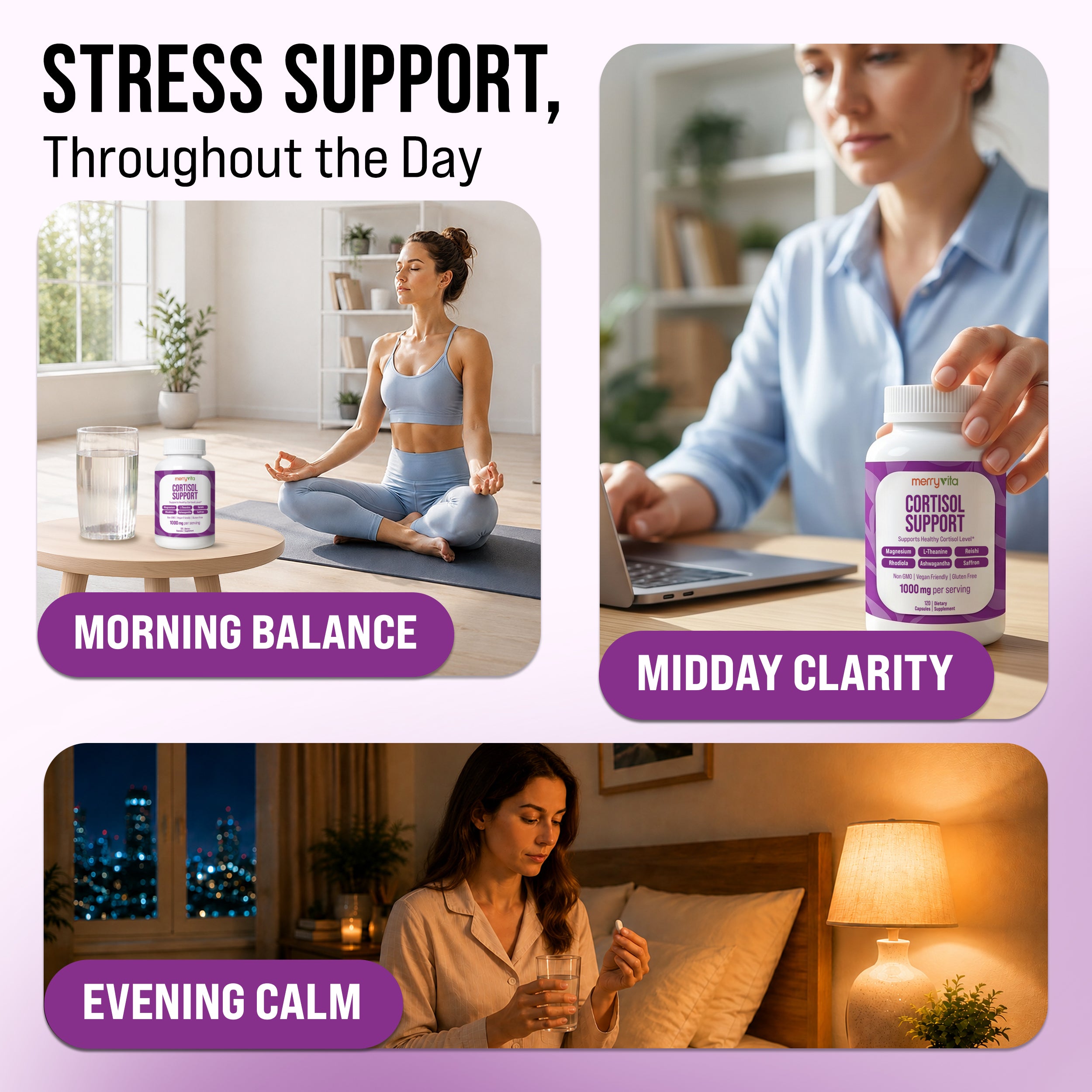 Cortisol Support Supplement for Women & Men | Ashwagandha, Magnesium Glycinate, L-Theanine & Rhodiola | Supports Healthy Cortisol Levels, Relaxation, Calm Mood & Mental Clarity | 120 Vegan Capsules