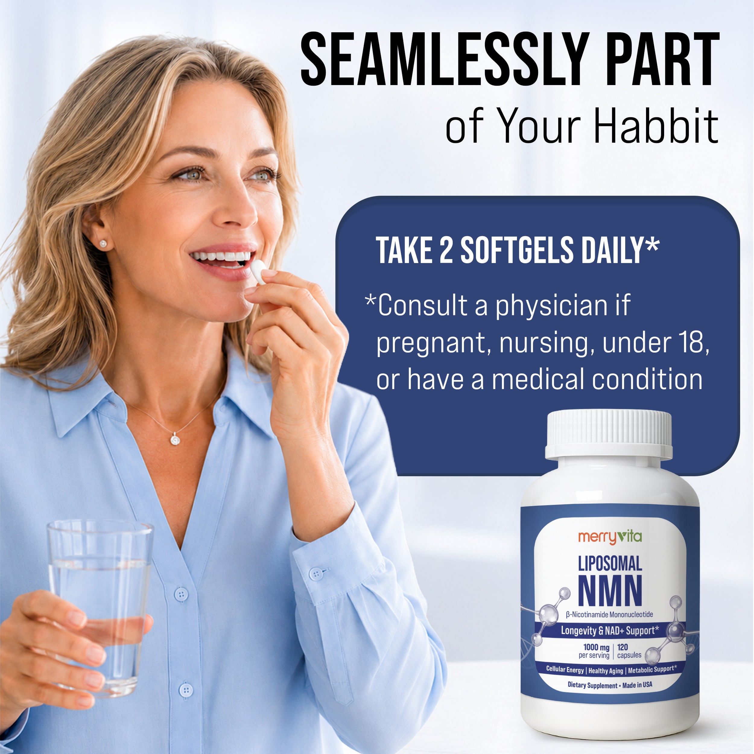 NMN Supplement 1000mg | Pure Nicotinamide Mononucleotide (NMN) | NAD+ Booster | Supports Cellular Energy, Longevity & Mitochondrial Function | 120 Capsules | Vegan, Non-GMO, Gluten Free