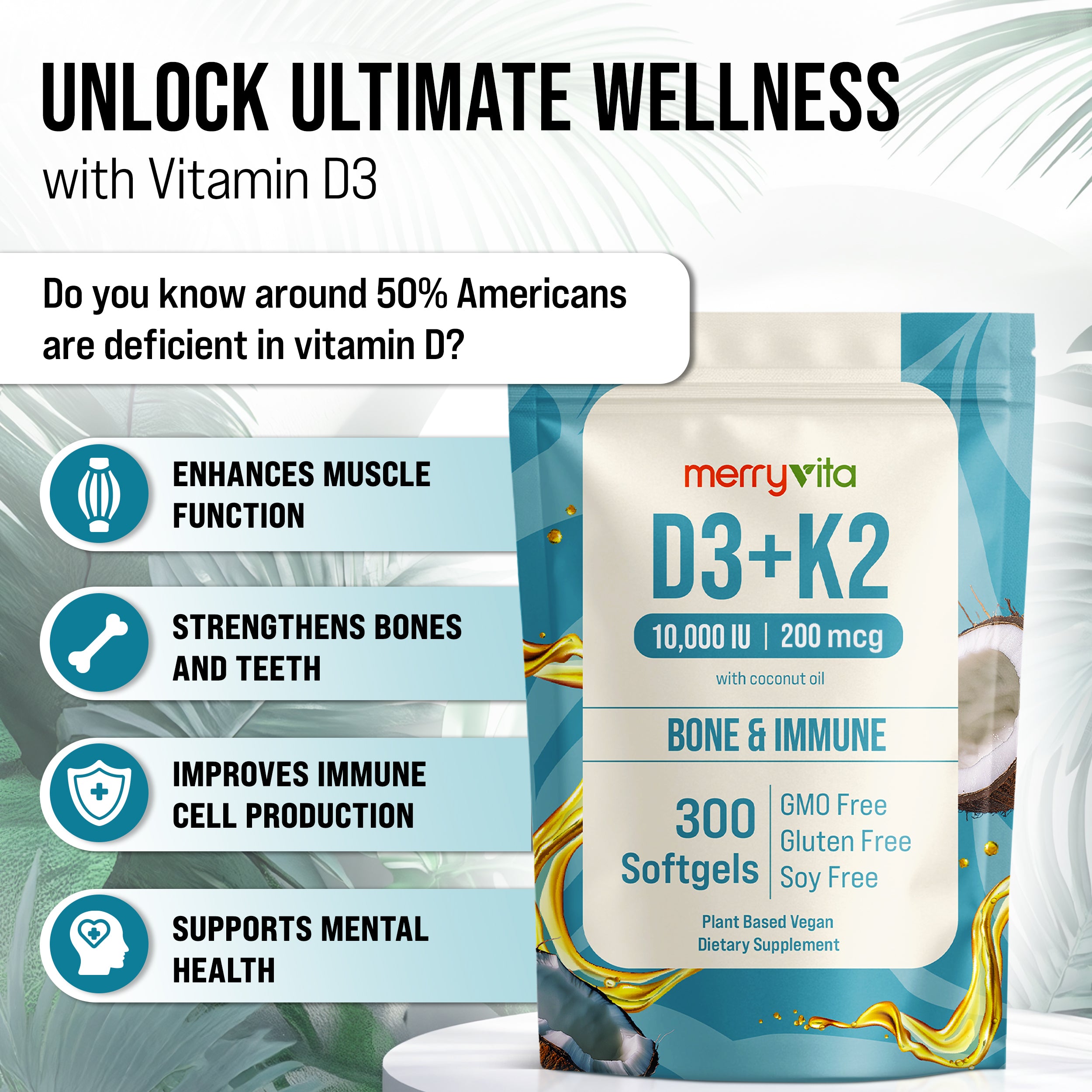 D3 K2 Vitamin 10000 IU D3 & 200 MCG K2 MK7 - Plant Based Vegan K2 D3 with Coconut Oil, non GMO - Bone, Muscle & Immune Support - 300 Softgels