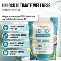 D3 K2 Vitamin 10000 IU D3 & 200 MCG K2 MK7 - Plant Based Vegan K2 D3 with Coconut Oil, non GMO - Bone, Muscle & Immune Support - 300 Softgels