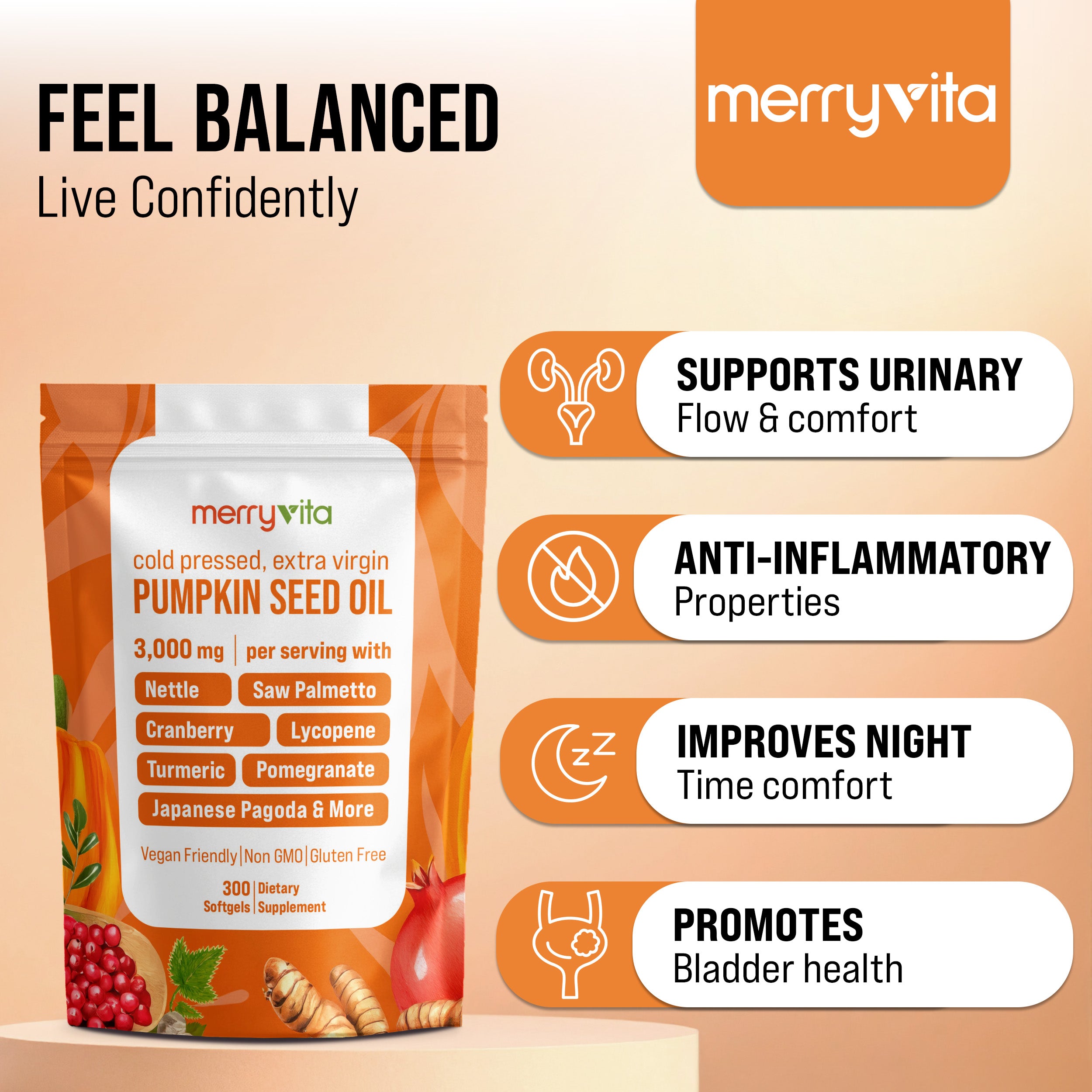 MERRYVITA Pumpkin Seed Oil - Cold Pressed Extra Virgin with Saw Palmetto & Nettle - 300 Softgels