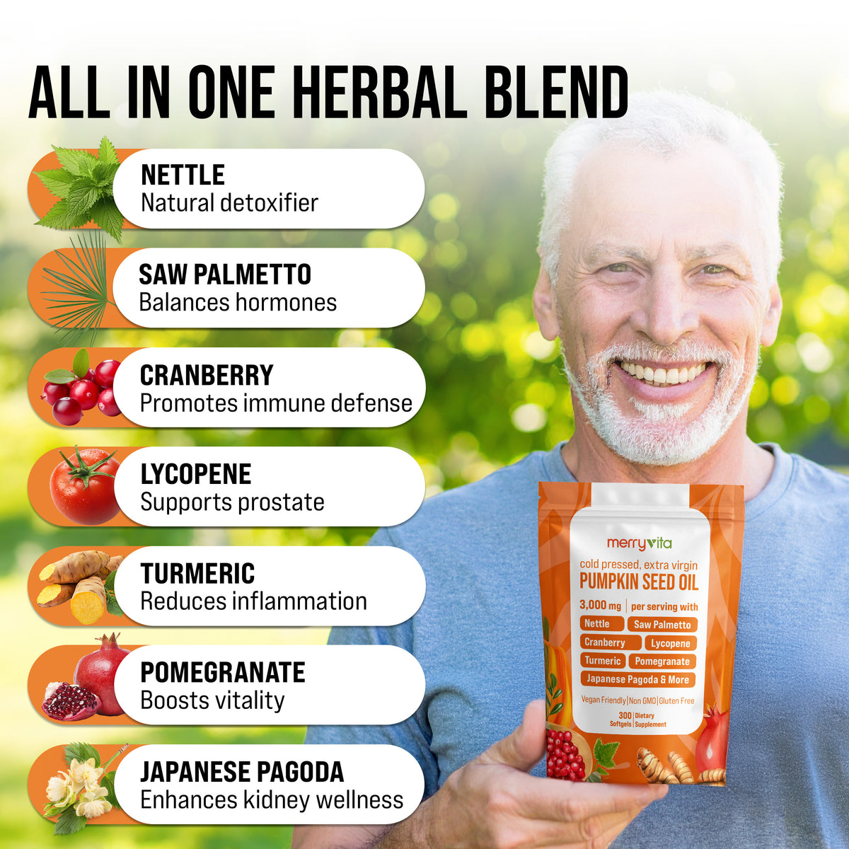 MERRYVITA Pumpkin Seed Oil - Cold Pressed Extra Virgin with Saw Palmetto & Nettle - 300 Softgels