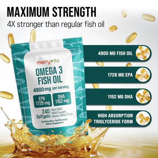 Omega 3 Fish Oil 4800 mg – EPA 1728 mg | DHA 1152 mg from Wild-Caught Anchovies – Burpless Mini Softgels – Pure Omega-3 Fatty Acid Supplement – Non-GMO, Gluten-Free, No Aftertaste – 240 Capsules