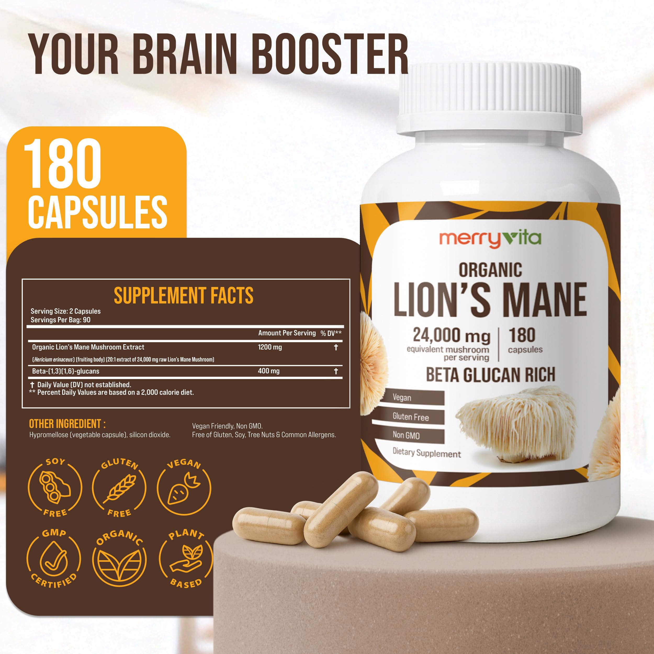 Lion’s Mane Supplement Capsules – Mushroom Supplement for Immune Brain, Memory & Focus - Non GMO, Vegan Friendly - 180 Capsules