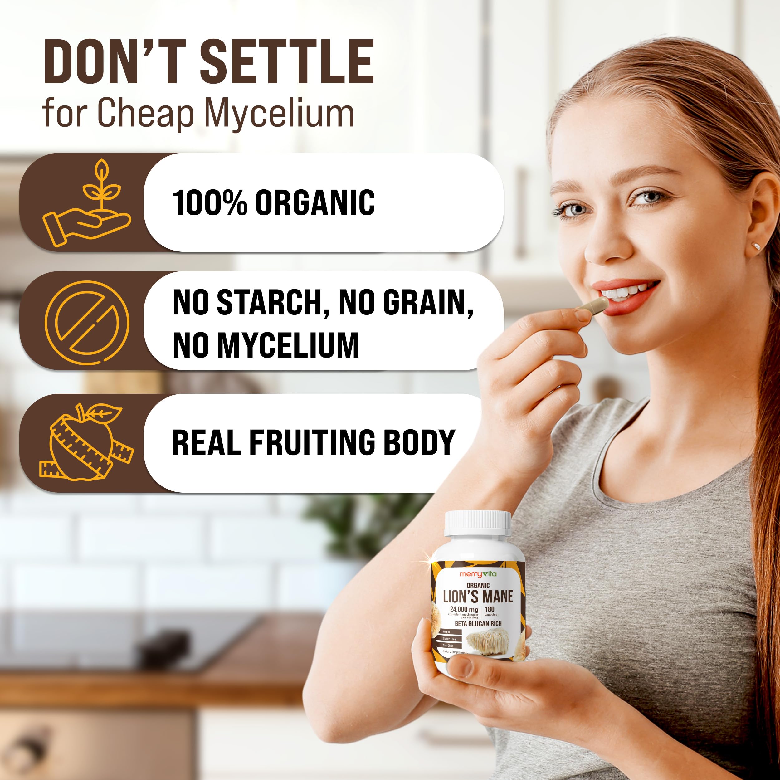 Lion’s Mane Supplement Capsules – Mushroom Supplement for Immune Brain, Memory & Focus - Non GMO, Vegan Friendly - 180 Capsules