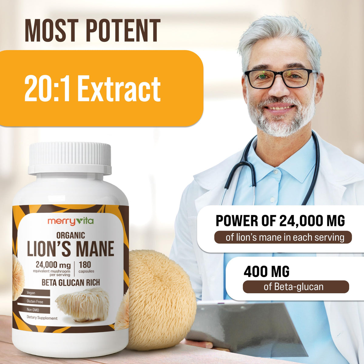 Lion’s Mane Supplement Capsules – Mushroom Supplement for Immune Brain, Memory & Focus - Non GMO, Vegan Friendly - 180 Capsules