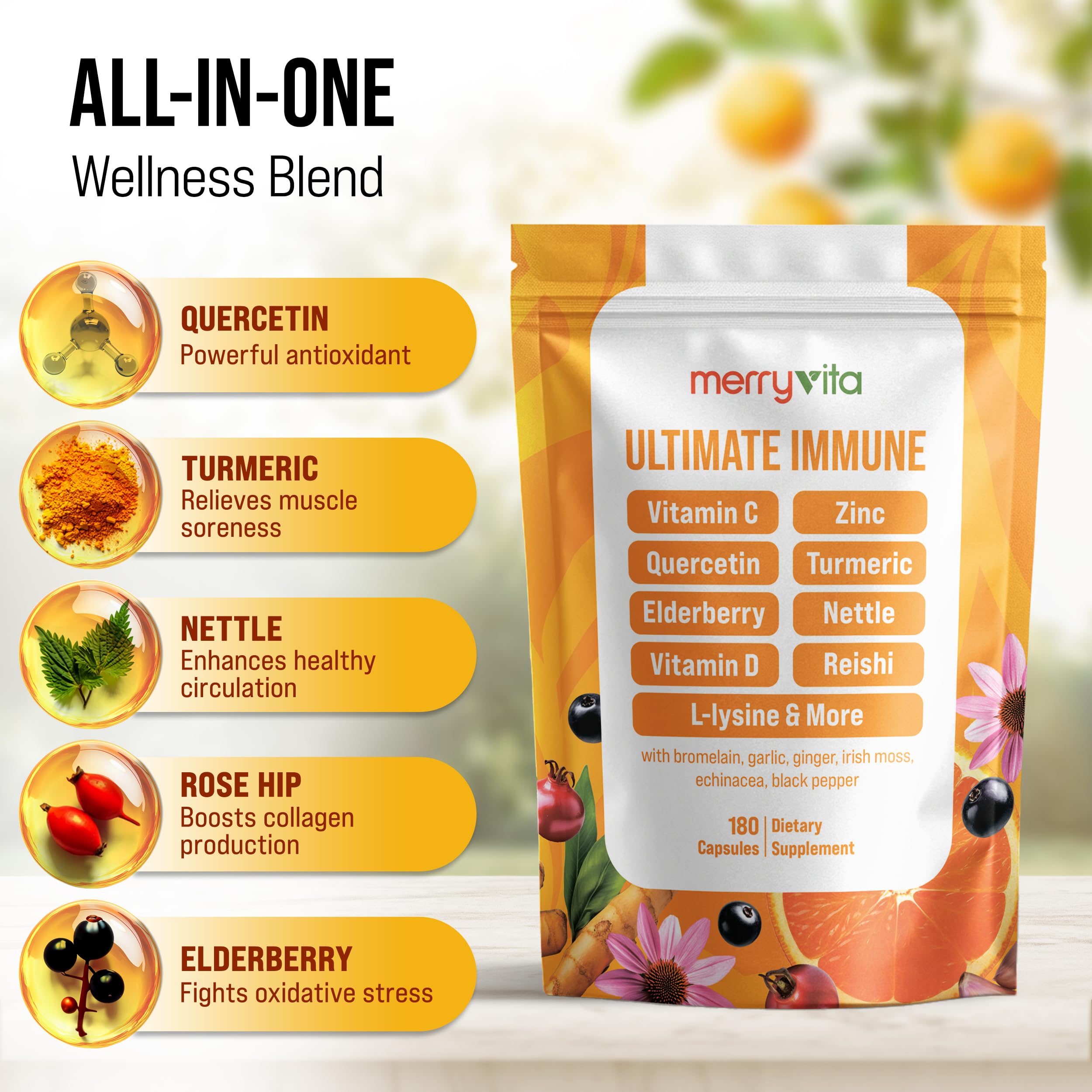 Liposomal Vitamin C 1000mg - Immune Support Supplement with Zinc, Rose Hips, Elderberry, Quercetin, Bioflavonoids - Natural, Vegan, Non-GMO - 180 Capsules