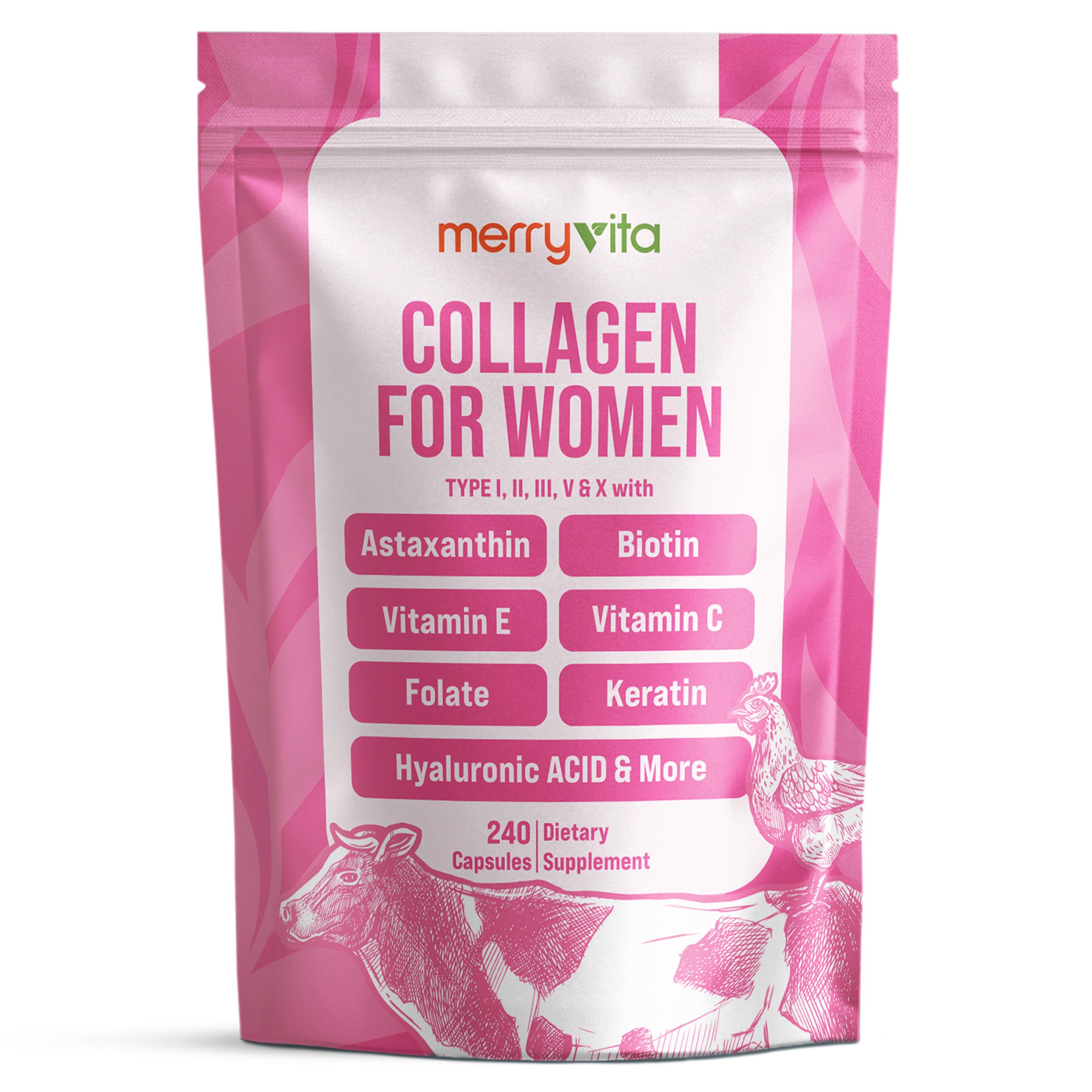 Collagen for Women – Hydrolyzed Multi Collagen Peptides Types I, II, III, V & X – Collagen Supplement with Vitamin C, Biotin & Hyaluronic Acid – Grass Fed, Non-GMO