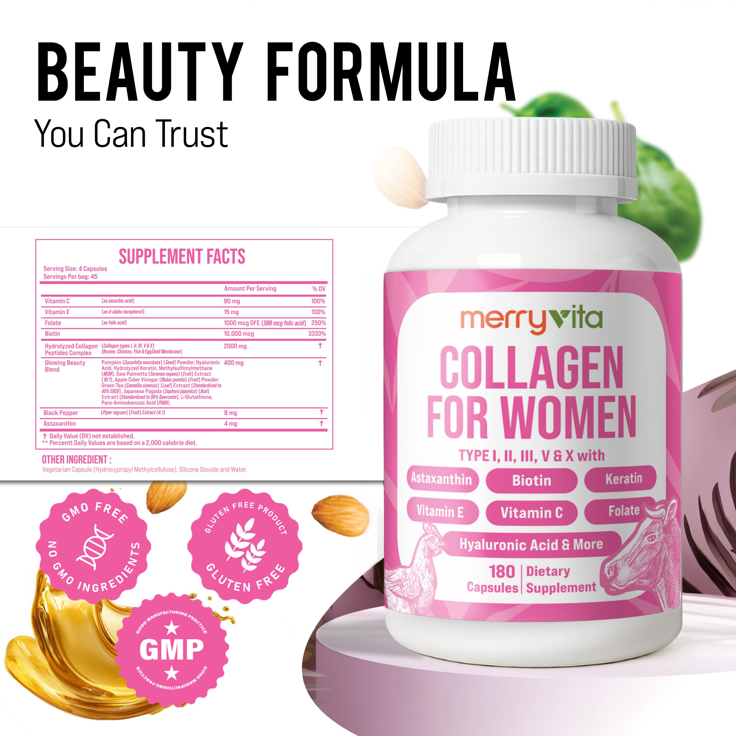 Collagen for Women – Hydrolyzed Multi Collagen Peptides Types I, II, III, V & X – Collagen Supplement with Vitamin C, Biotin & Hyaluronic Acid – Grass Fed, Non-GMO