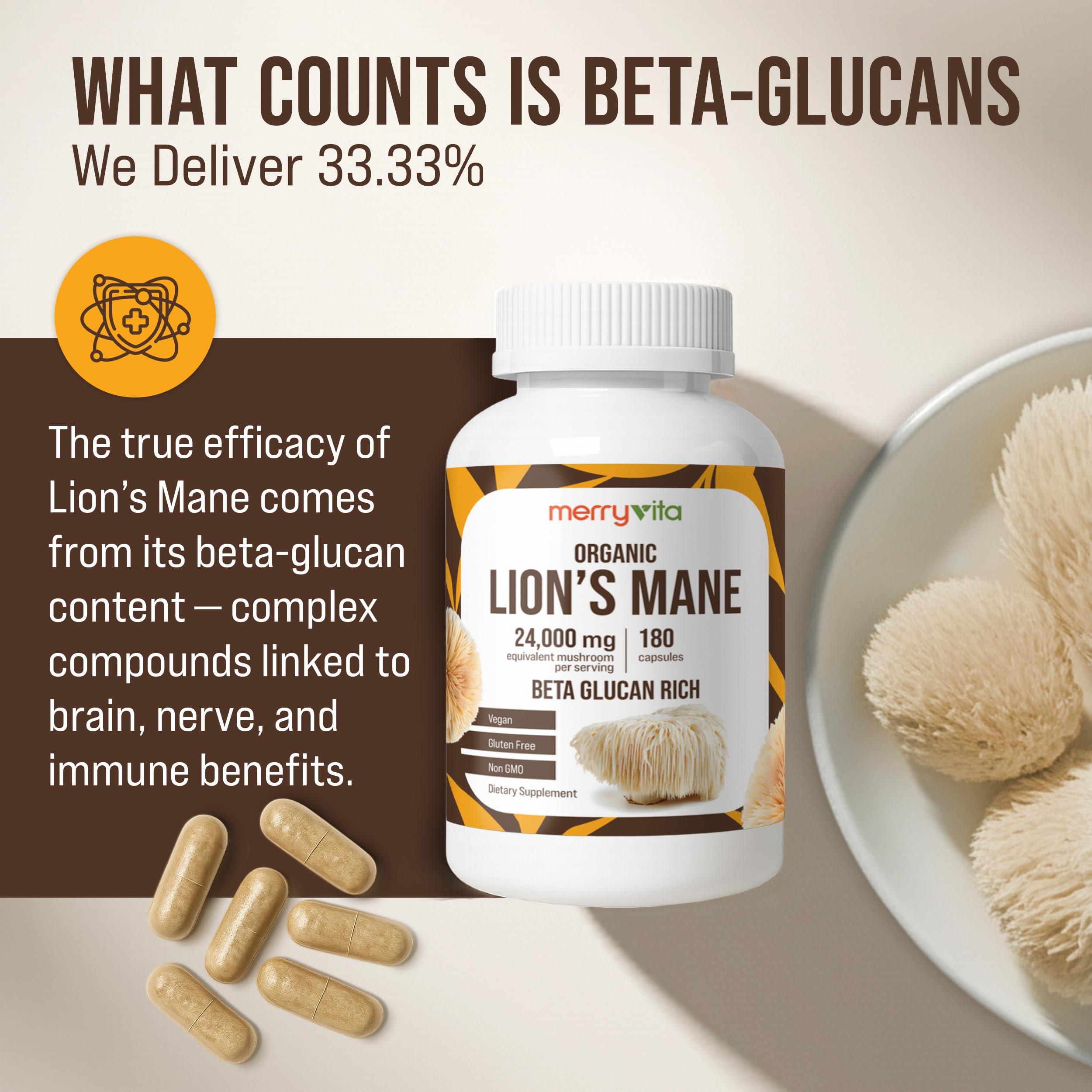 Lion’s Mane Supplement Capsules – Mushroom Supplement for Immune Brain, Memory & Focus - Non GMO, Vegan Friendly - 180 Capsules