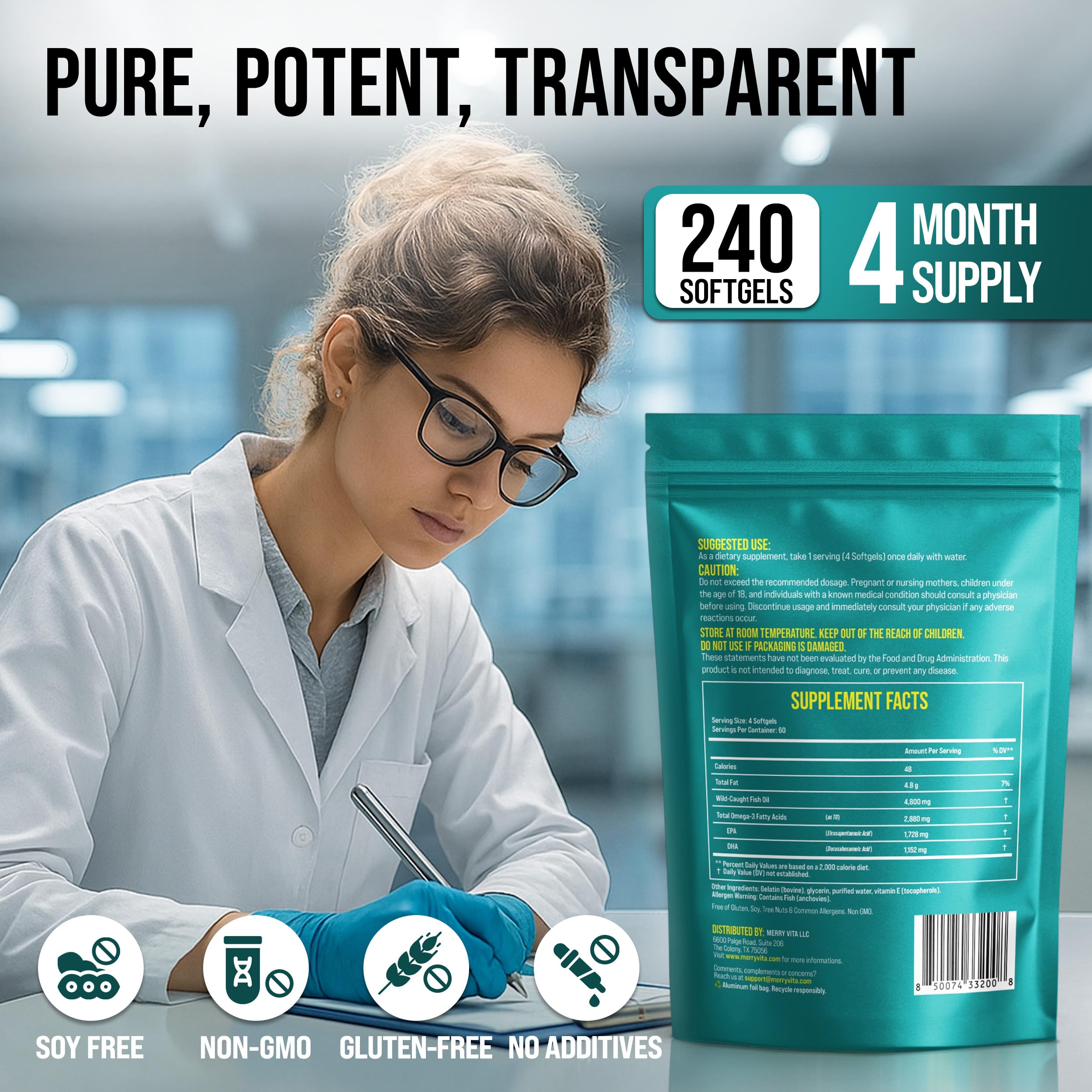 Omega 3 Fish Oil 4800 mg – EPA 1728 mg | DHA 1152 mg from Wild-Caught Anchovies – Burpless Mini Softgels – Pure Omega-3 Fatty Acid Supplement – Non-GMO, Gluten-Free, No Aftertaste – 240 Capsules