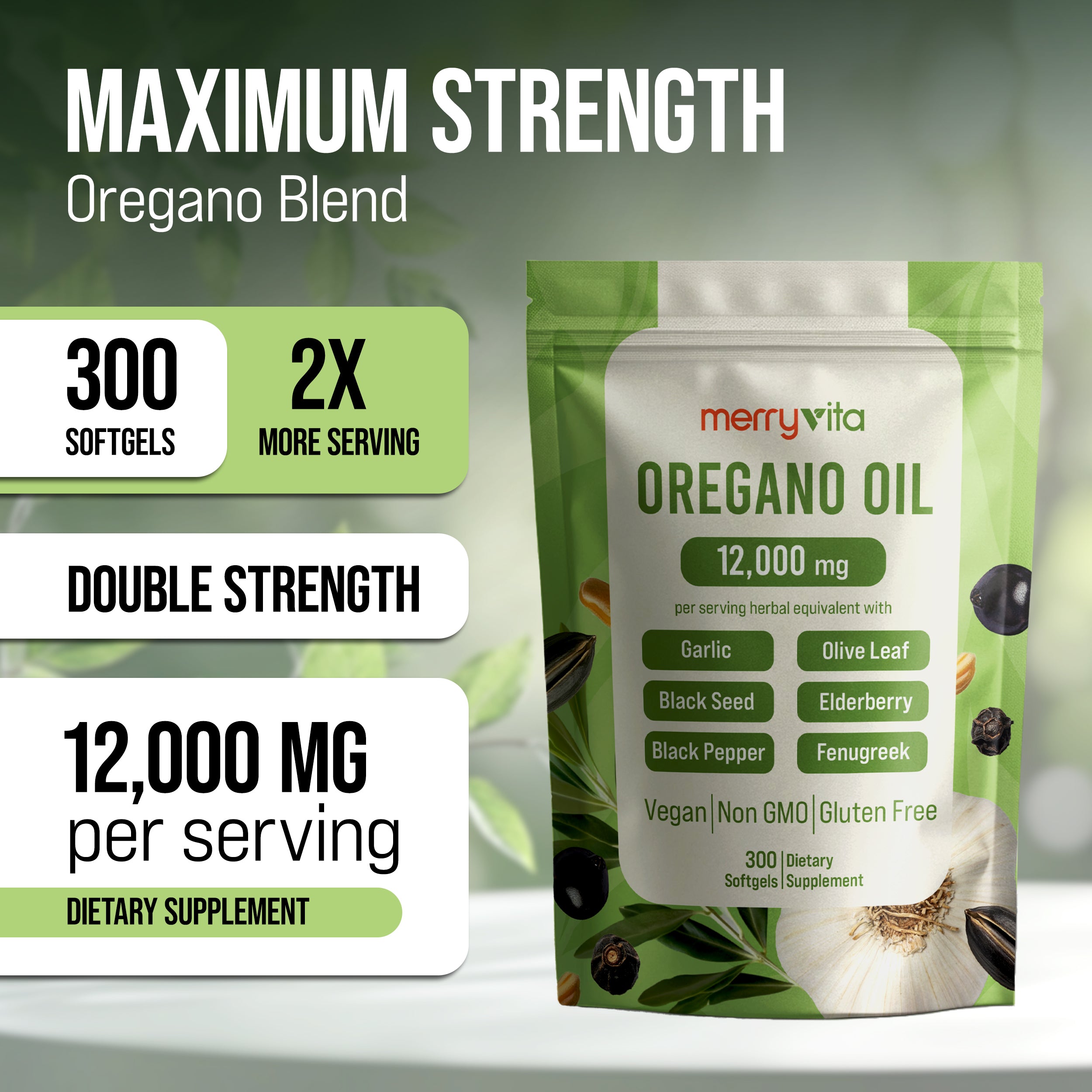MERRYVITA Oregano Oil - 12,000mg with Garlic, Olive Leaf & Black Seed - 300 Soft gels