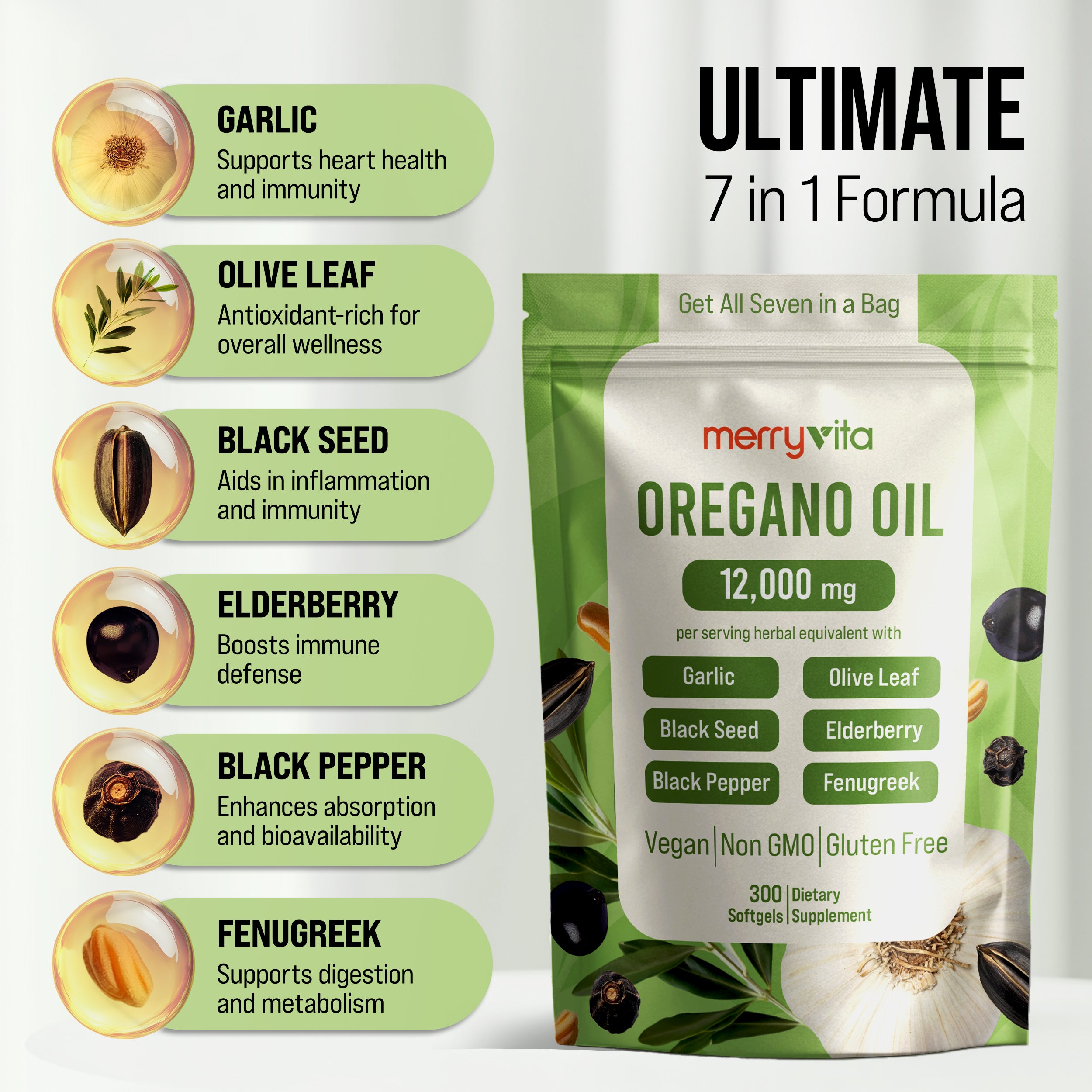 MERRYVITA Oregano Oil - 12,000mg with Garlic, Olive Leaf & Black Seed - 300 Soft gels