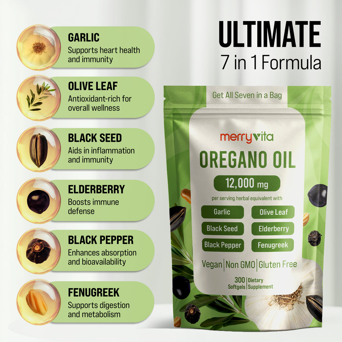 MERRYVITA Oregano Oil - 12,000mg with Garlic, Olive Leaf & Black Seed - 300 Softgels