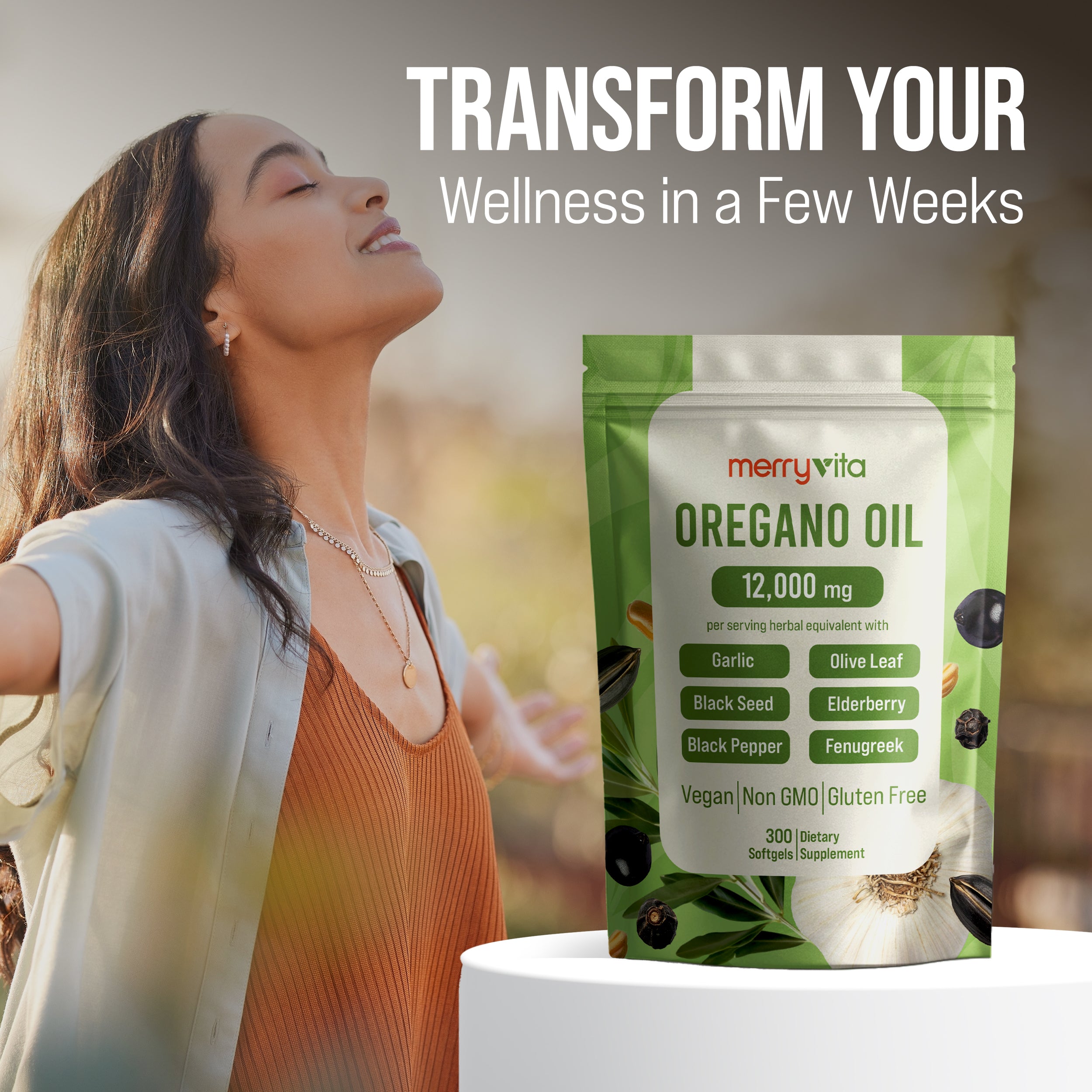 MERRYVITA Oregano Oil - 12,000mg with Garlic, Olive Leaf & Black Seed - 300 Soft gels