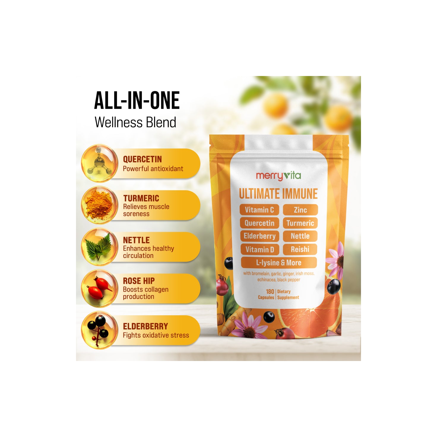 Immune Support Vitamin C Capsules with Quercetin, Zinc, Turmeric, Elderberry, Nettle, Vitamin D, Reishi, L-lysine & More- 180 Capsules