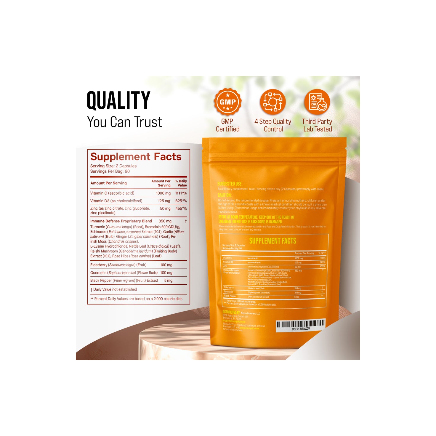 Immune Support Vitamin C Capsules with Quercetin, Zinc, Turmeric, Elderberry, Nettle, Vitamin D, Reishi, L-lysine & More- 180 Capsules