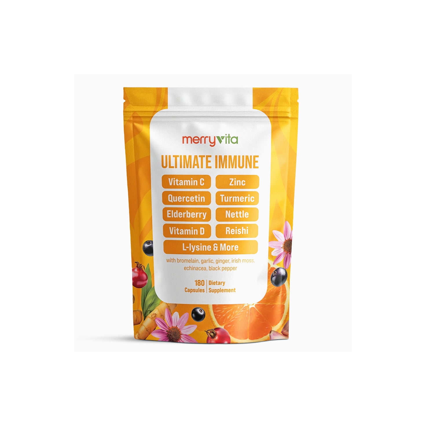 Immune Support Vitamin C Capsules with Quercetin, Zinc, Turmeric, Elderberry, Nettle, Vitamin D, Reishi, L-lysine & More- 180 Capsules