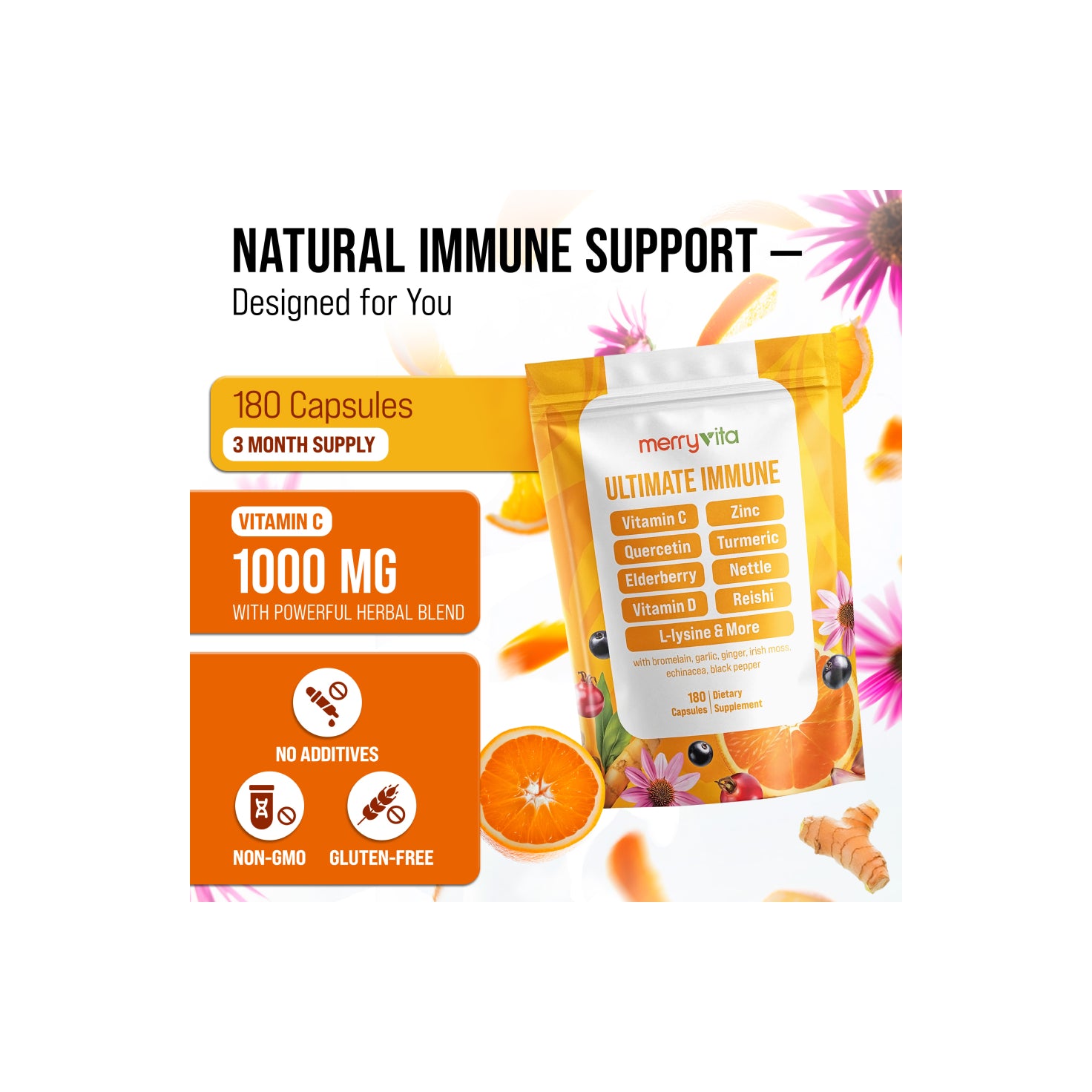 Immune Support Vitamin C Capsules with Quercetin, Zinc, Turmeric, Elderberry, Nettle, Vitamin D, Reishi, L-lysine & More- 180 Capsules