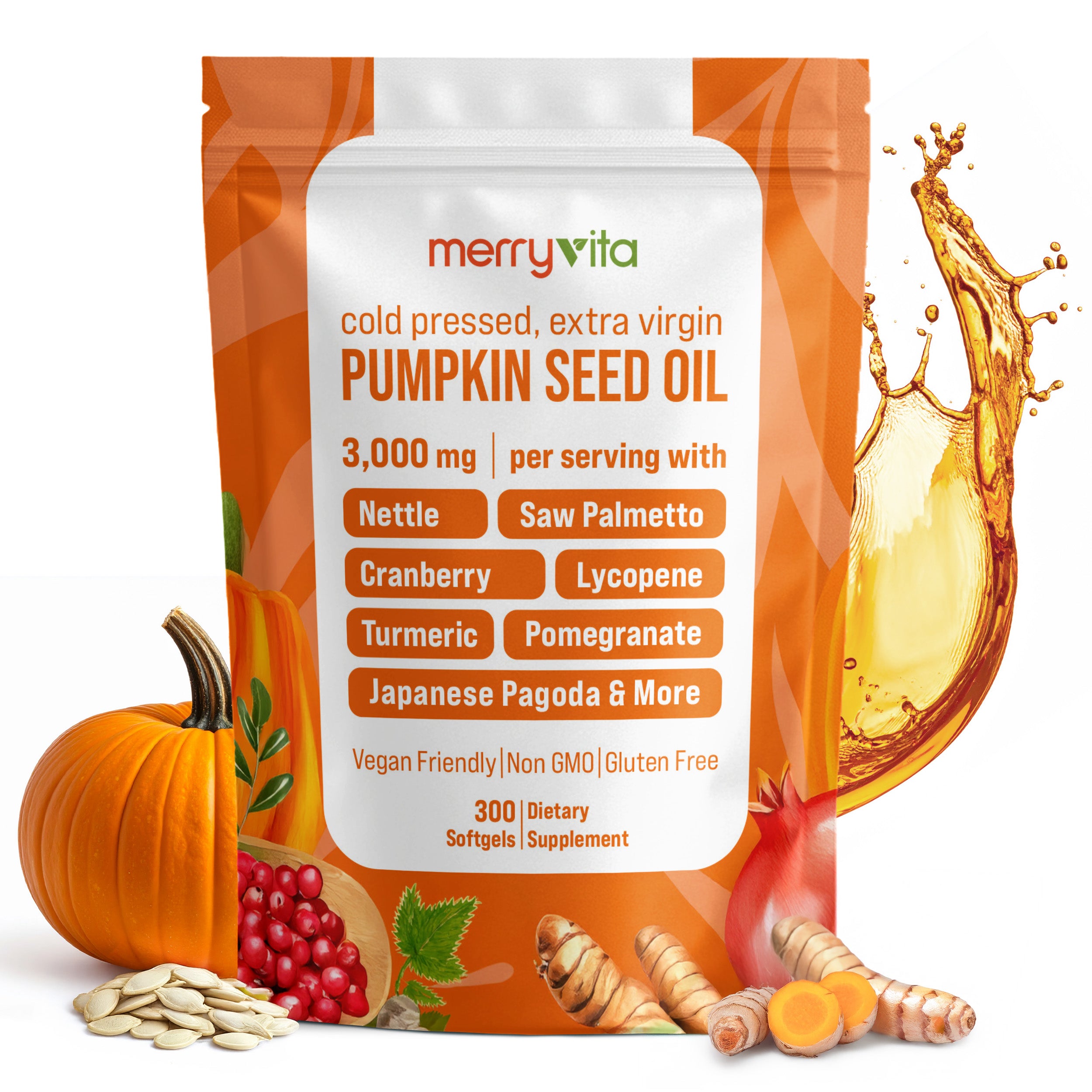 MERRYVITA Pumpkin Seed Oil - Cold Pressed Extra Virgin with Saw Palmetto & Nettle - 300 Softgels