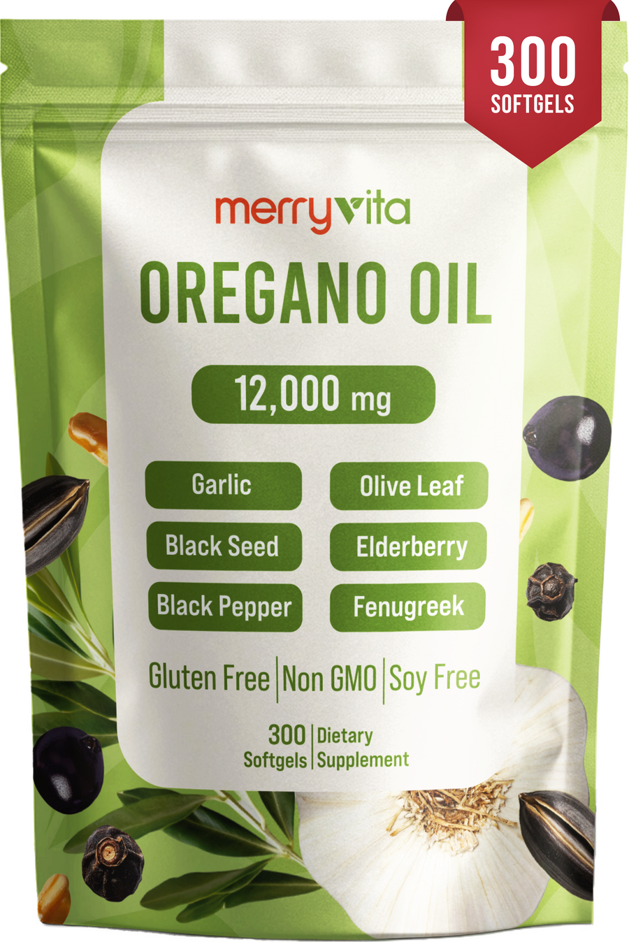 MERRYVITA Oregano Oil - 12,000mg with Garlic, Olive Leaf & Black Seed - 300 Softgels