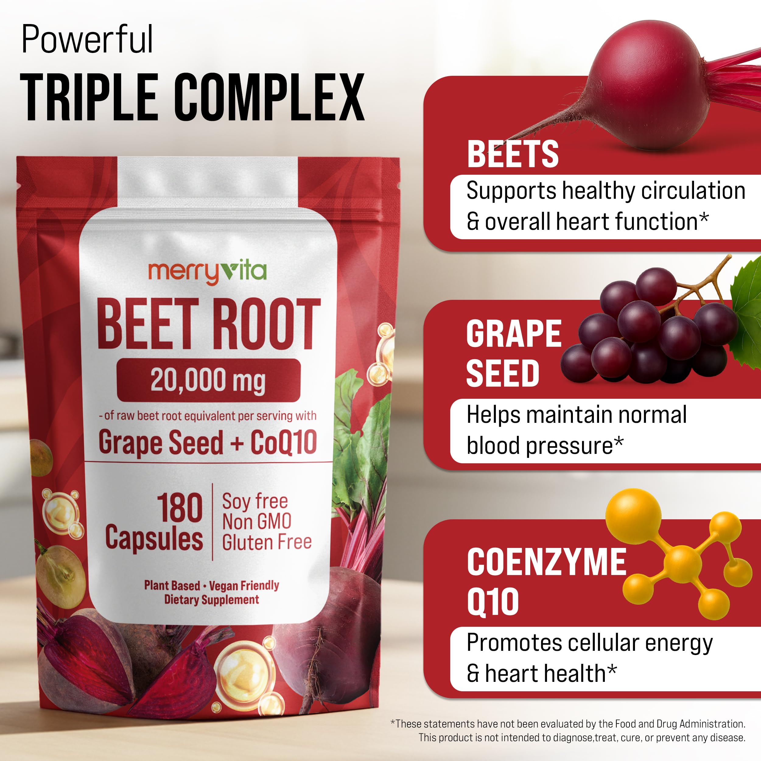 Beet Root Capsules with Grape Seed & CoQ10 - 180 Capsules