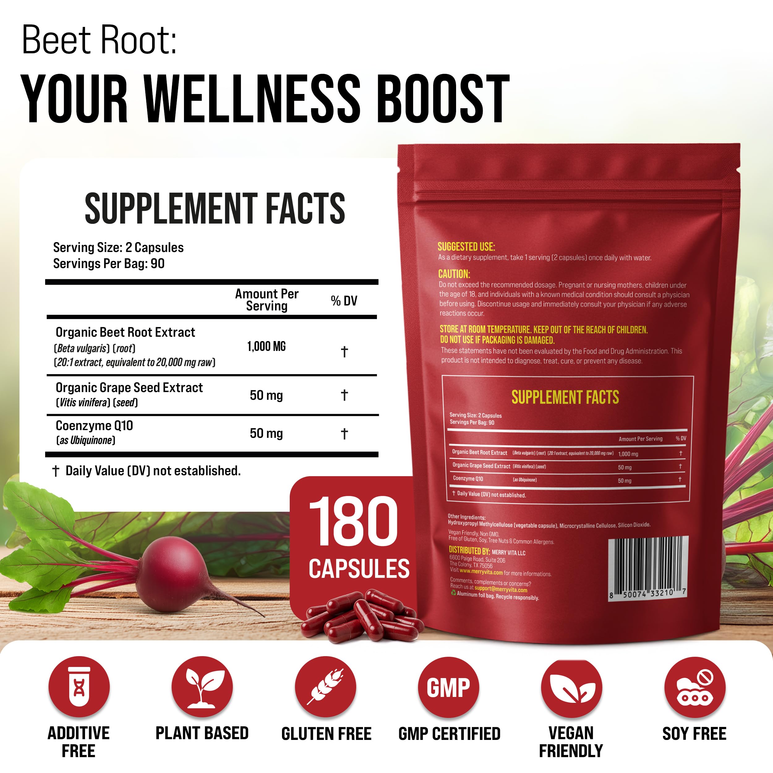 Beet Root Capsules with Grape Seed & CoQ10 - 180 Capsules