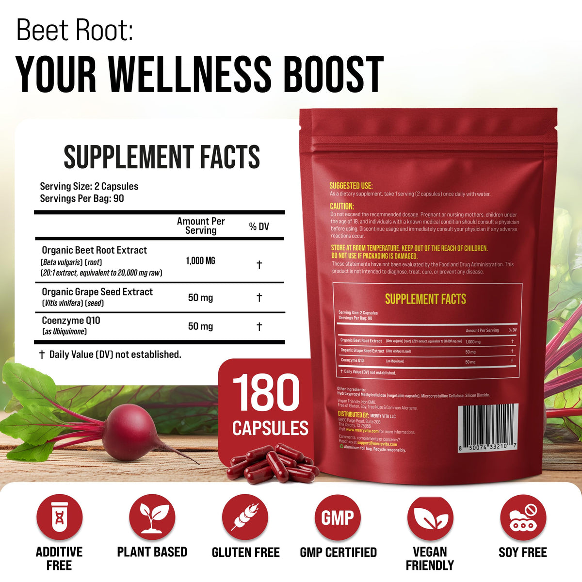 Beet Root Capsules with Grape Seed & CoQ10 - 180 Capsules